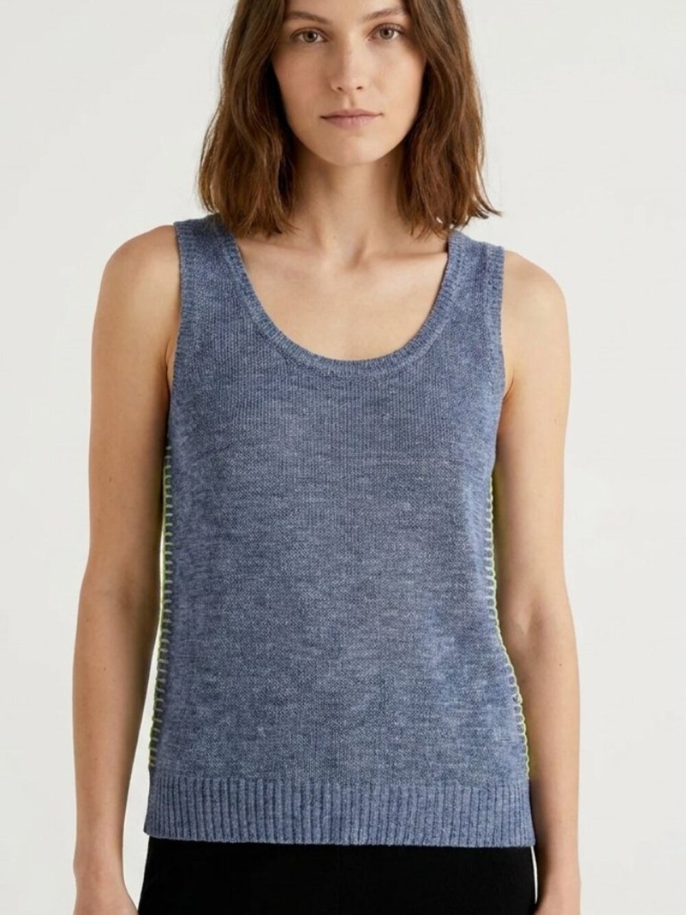 White + Warren Blue Linen Knit Tank Top Neon Trim Size L